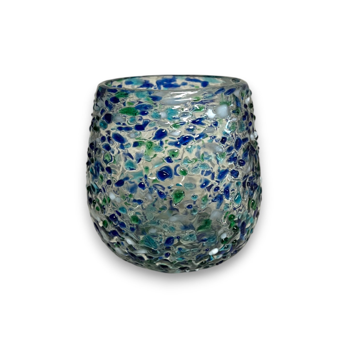 Hand Blown Stemless Wine Glass | Blue Green Confetti Design